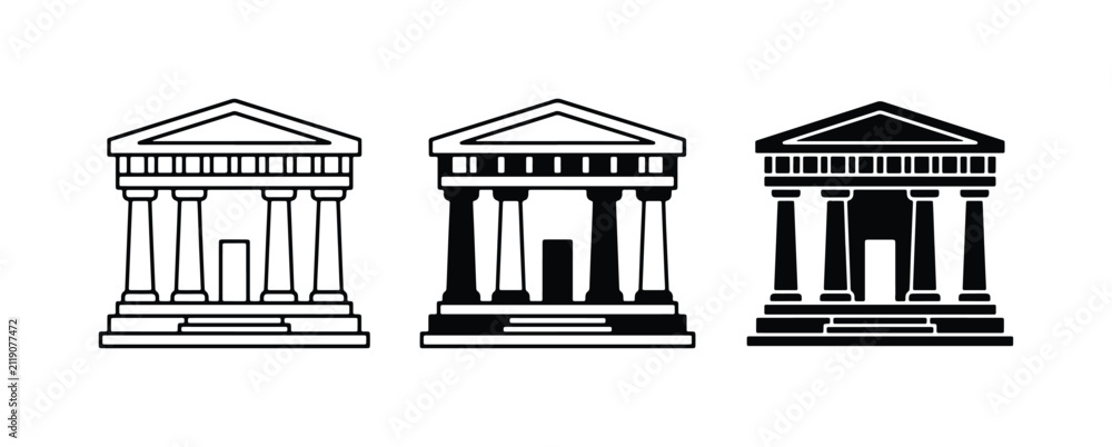Fototapeta premium Classical Architecture Icons: Greek Temple, Roman Building, Government Facade, Vector Set