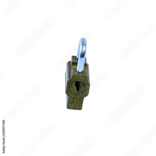 Three views of a small brass padlock on white background