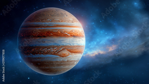 Detailed digital illustration of Jupiter planet with its iconic gas bands and Great Red Spot. Majestic gas giant sphere against a deep blue space background with stars and nebula dust clouds.
