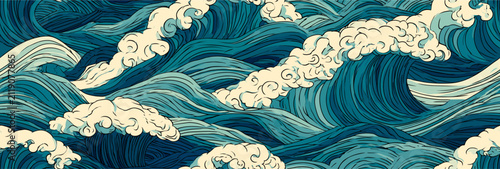 Japanese style blue ocean waves seamless pattern. Stylized ocean waves creating a calming blue and white seamless pattern background