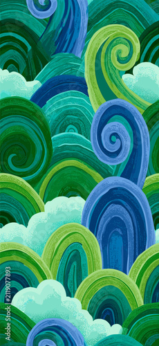 Japanese style blue ocean waves seamless pattern. Stylized ocean waves creating a calming blue and white seamless pattern background