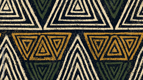 African tribal seamless pattern with repetitive geometric gold shapes. Seamless tribal pattern reflecting African art with geometric golden shapes on a dark background