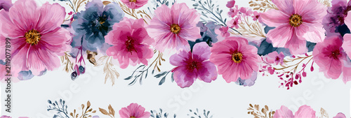 Boho style watercolor floral seamless pattern with pink cosmos. Seamless watercolor pattern creating a bohemian background with blooming pink cosmos flowers