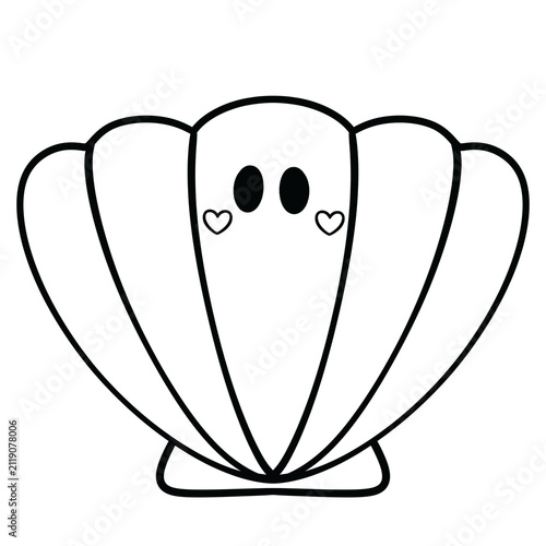 Quadro su tela Cute Summer Scallop Shell with Ghost Face line Art Illustration