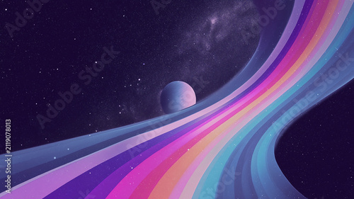 Retro futurism space landscape with a pastel planet and a giant curved rainbow highway road. Synthwave aesthetic background with a dark starry sky, galaxy milky way, and digital art texture.
