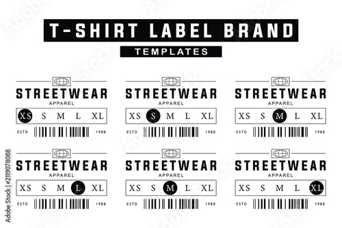 Set of streetwear t-shirt clothing label templates with size indicators and barcodes