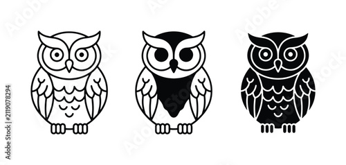 Three Stylized Owl Icons, Vector Graphics Set: Outline, Silhouette, and Detailed Black and White Owl Illustrations for Graphic Design