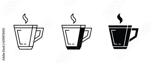 Hot Beverage Icons: Coffee Cup Line Art, Filled Silhouette, and Duo-Tone Design for Cafe and Drink Graphics