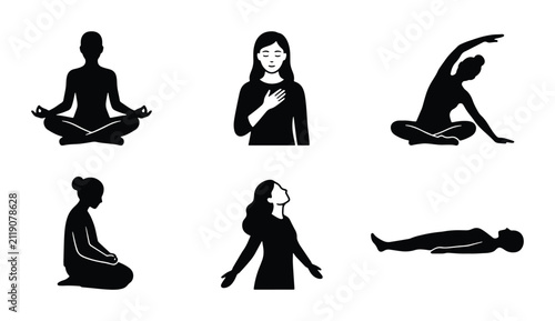 Yoga Poses Silhouette Collection, Meditation Icons, Mindfulness Figures, Wellness Exercises, Relaxation Gestures, Calmness Vector Graphics