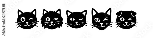 Foto Set of five minimalist black cat head icons with winking and smiling expressions