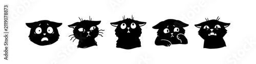 Fotografie Set of five expressive black cat silhouettes showing various anxious, worried, and scared facial expressions