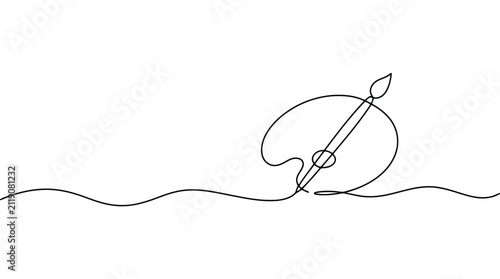 Continuous line drawing of an artist palette with a paintbrush