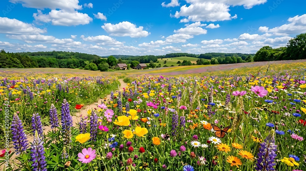 Obraz premium A vibrant meadow filled with colorful wildflowers under a bright blue sky with fluffy white clouds on a sunny summer day in nature