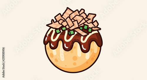 Foto A cartoon-style takoyaki ball drizzled with sauce and topped with flakes and gre