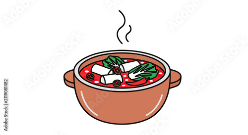 Steaming clay pot filled with spicy red broth, white tofu, green bok choy, and round slices