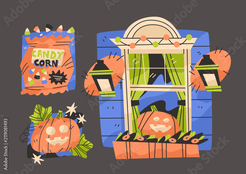 Candy, pumpkin and decorated house window hand drawn icons. Cute retro Halloween clip art set