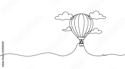 Canvastavla Continuous line drawing of a hot air balloon flying in the sky with clouds