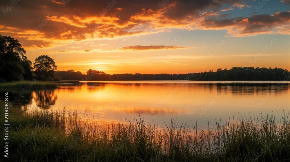 Fototapeta premium Dramatic sunset paints sky with vibrant orange gold colors over calm lake surface. Dark trees frame peaceful horizon sunlight glows on water reflection. Quiet nature landscape brings serenity, warm