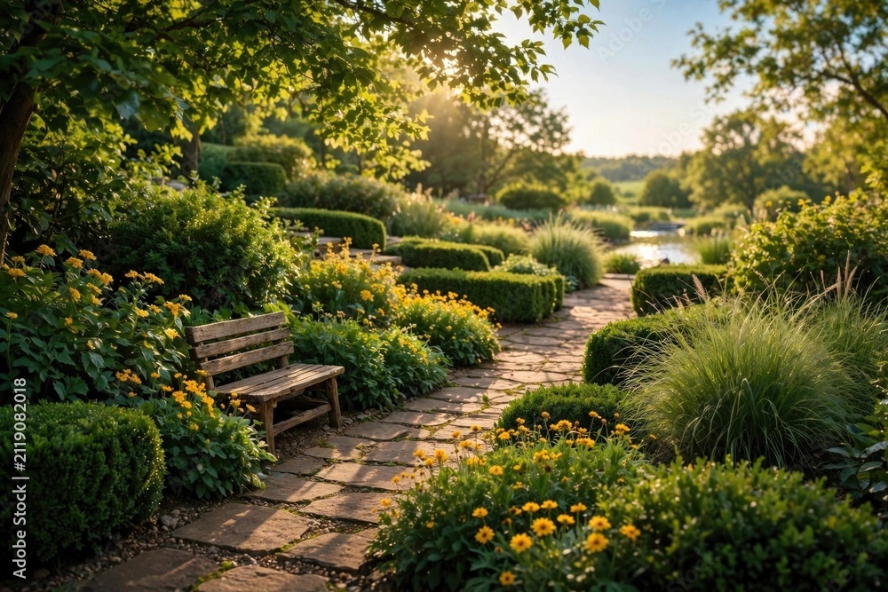Obraz premium Serene Garden Path with Wooden Bench and Sunlight