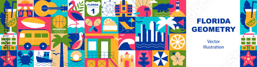 Florida Geometric Seamless Pattern and Banner with Mosaic Elements, Vector Illustration