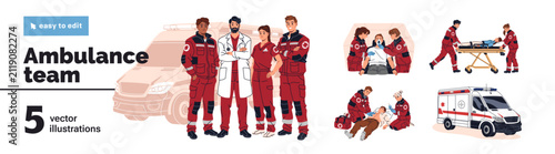 Ambulance team set. Paramedics rescue patients from emergency accidents. First aid crew with car. Doctors in red uniform hospitalize victim with stretcher. Flat isolated vector illustrations on white