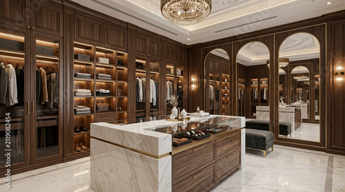 Luxurious Walk-in Closet with Marble Island and Rich Wood Cabinetry