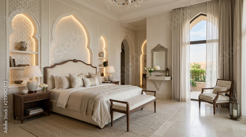 Luxurious White Bedroom with Intricate Moroccan-Inspired Decor and Natural Light