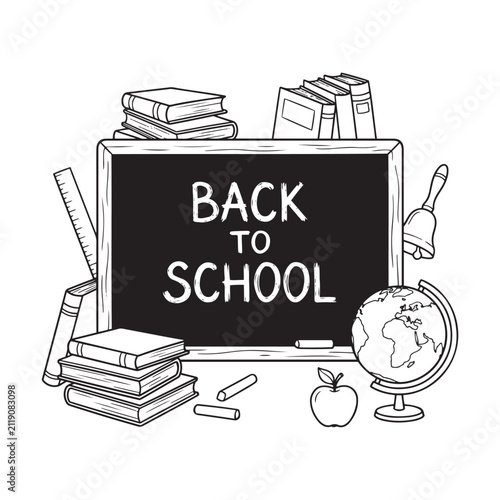School supplies arrangement black and white line drawing illustration
