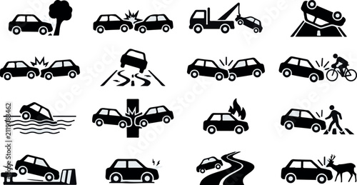 A comprehensive collection of black and white vector icons illustrating various traffic incidents road hazards vehicle accidents and emergency situations for safety and educational purposes
