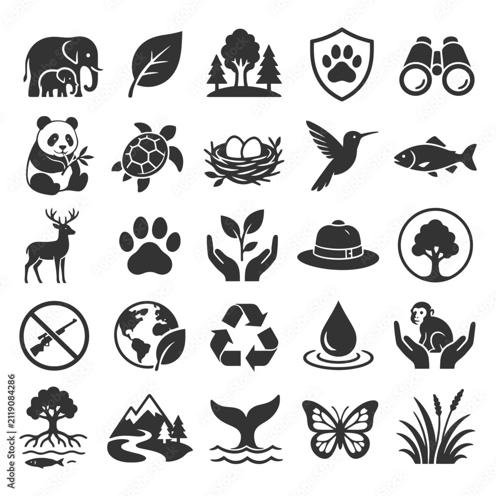 Obraz premium Nature and wildlife icons featuring animals, plants, and conservation symbols.
