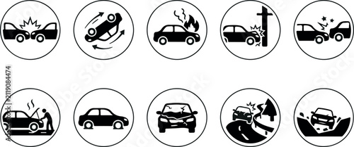 A set of ten black and white vector icons depicting various types of car accidents and road safety hazards for automotive insurance and traffic warnings