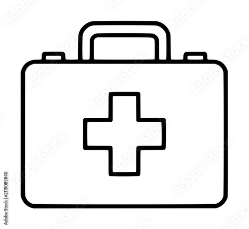 Hand-drawn first aid kit vector icon featuring a medical cross symbol on a portable case with handle, perfect for healthcare graphics, emergency design elements, and medical illustration resources