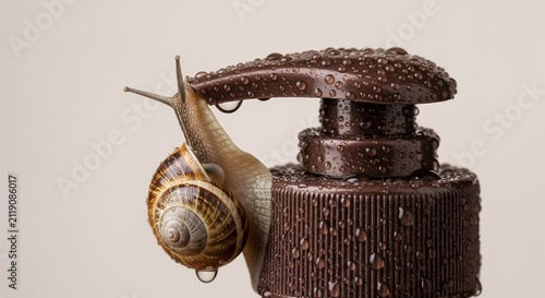 A common garden snail crawling on a brown cosmetic pump bottle covered in water droplets for beauty skin care