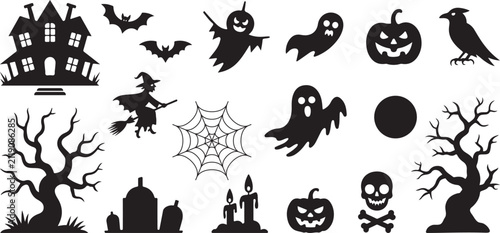 Halloween Silhouette Icon Set with Haunted House Ghost Pumpkin Bat Witch Crow Skull Cemetery Spider Web and Dead Tree Vector Collection