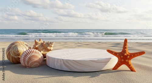 Blank circular product display podium on a sandy beach with seashells and a bright orange starfish for summer commercial retail mockups