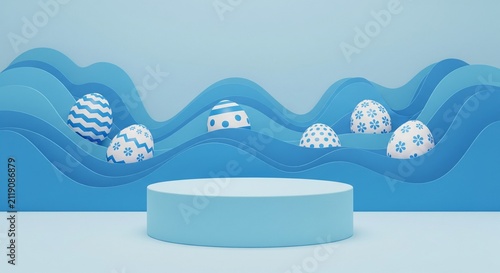 Easter holiday display with pastel blue 3D podium and decorated eggs arranged in layers of paper cut waves for product showcase