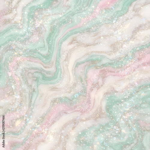 파스텔 톤의 민트와 핑크 컬러가 마블 대리석 질감 속에서 영롱하게 반짝이는 글리터 배경 Glitter background where pastel mint and pink colors sparkle glowing within a marble texture