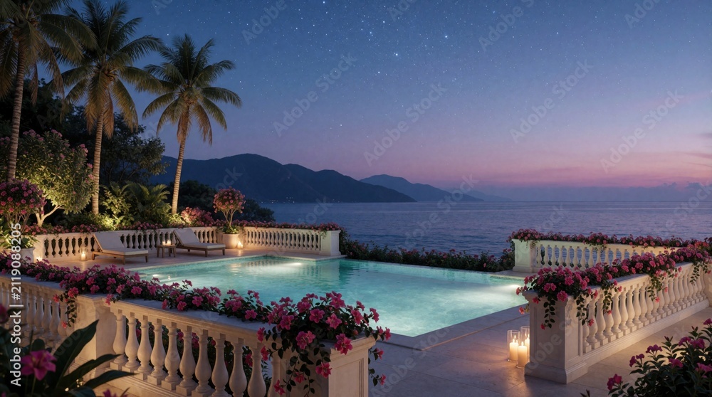 Obraz premium Luxury swimming pool with ocean view at night. Palm trees, mountains and stars on horizon. Romantic tropical resort terrace with flowers and ambient lighting.