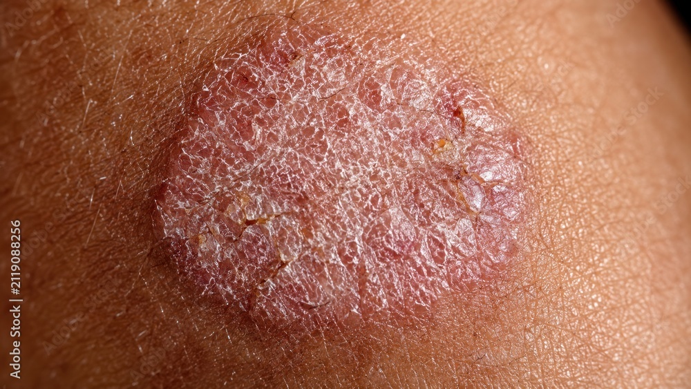 Fototapeta premium Close-up of red dry scaly skin lesion on brown skin showing peeling and inflammation detail