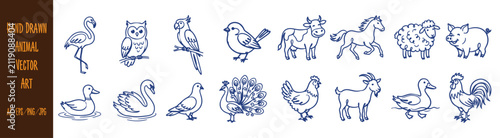 Hand drawn farm and bird animal line art set with flamingo owl peacock cow horse sheep pig