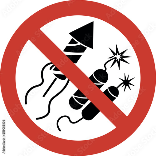 No fireworks allowed warning sign icon, prohibition red circle with crossed out rocket and firecrackers