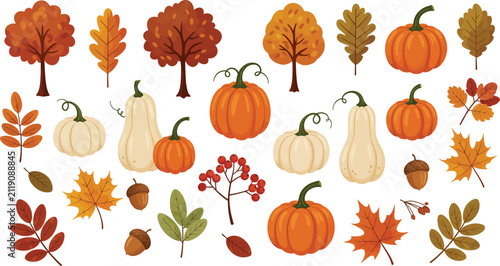 Set of autumn elements featuring orange pumpkins various colorful fall leaves trees acorns and berries isolated on a white background