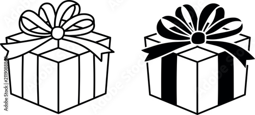 Gift box vector icons set in line art and silhouette style for birthday, Christmas and holiday decoration