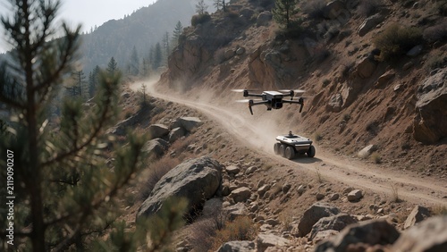 Drone flying above off road unmanned ground vehicle on dusty mountain road tracking autonomous outdoor exploration technology