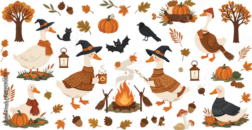 Set of cute watercolor autumn elements featuring geese in sweaters pumpkins black cats witch hats and fall leaves for halloween