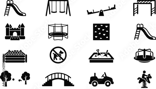 Fotografie A collection of black and white playground equipment icons representing various