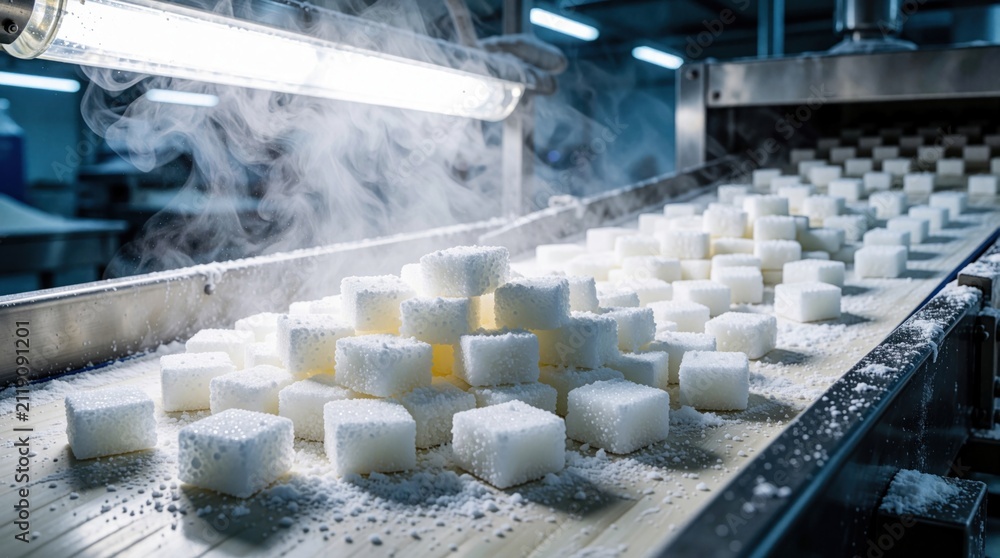 Naklejka premium White sugar cubes move on industrial conveyor belt inside food factory. Steam rises over automated production line equipment. Bulk manufacturing machinery transports sweet refined blocks for packing