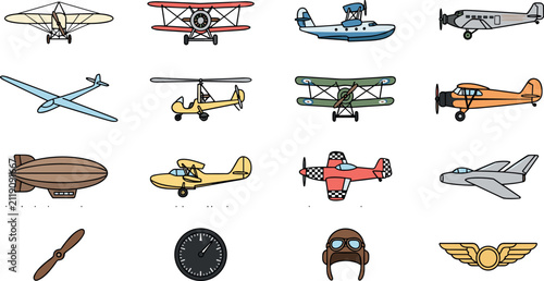 Fotografie Vintage Aviation and Antique Aircraft Vector Set Featuring Historic Monoplanes B