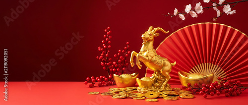 Golden goat statue with chinese new year decoration for prosperity and fortune celebration prosperity celebration decoration tradition background ornament abundance auspicious