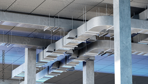 HVAC installation. Industrial ventilation ducts and air distribution system mounted beneath a commercial building ceiling for climate control and indoor air quality. 3D image